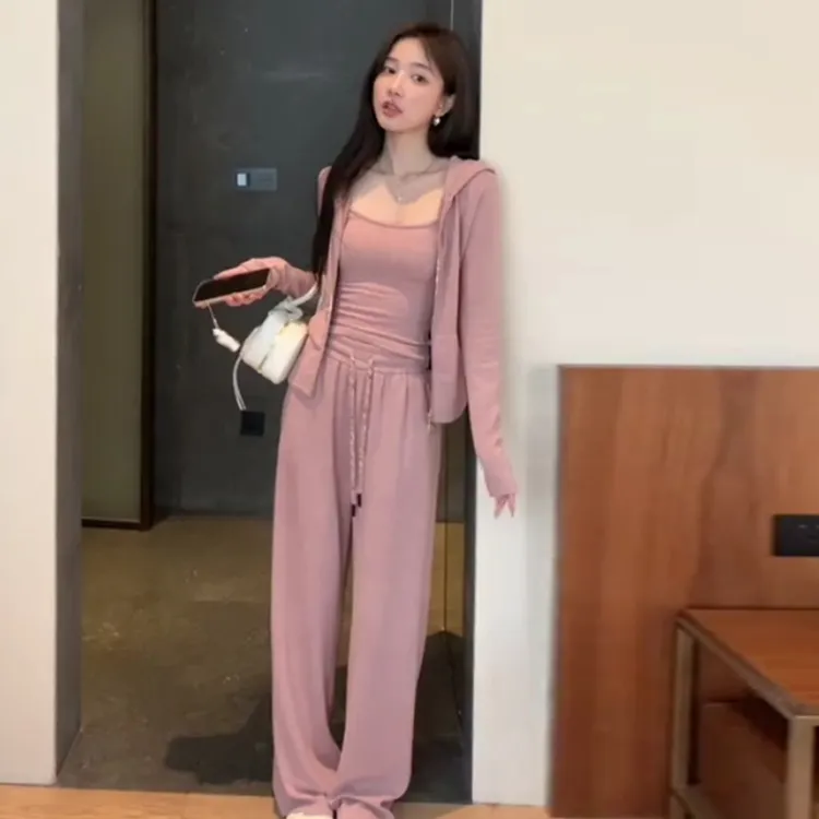 时尚三件套装气质吊带上衣修身连帽长袖外套秋季休闲运动高腰裤女