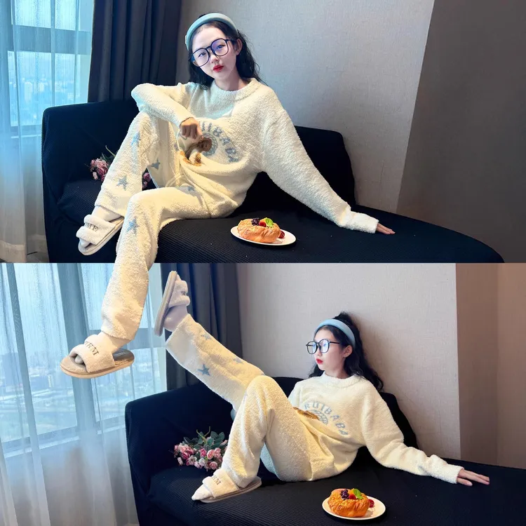 女童冬季家居服套装2025新款初中生珊瑚绒保暖睡衣中大童加绒加厚