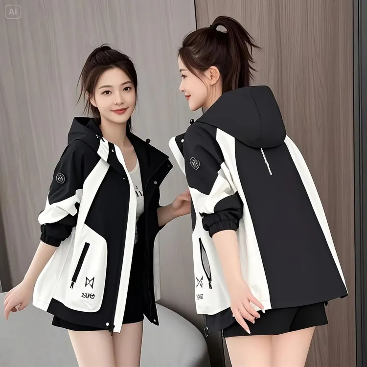 2025春季新款户外男女士防风冲锋衣短款拼接撞色工装运动外套上衣