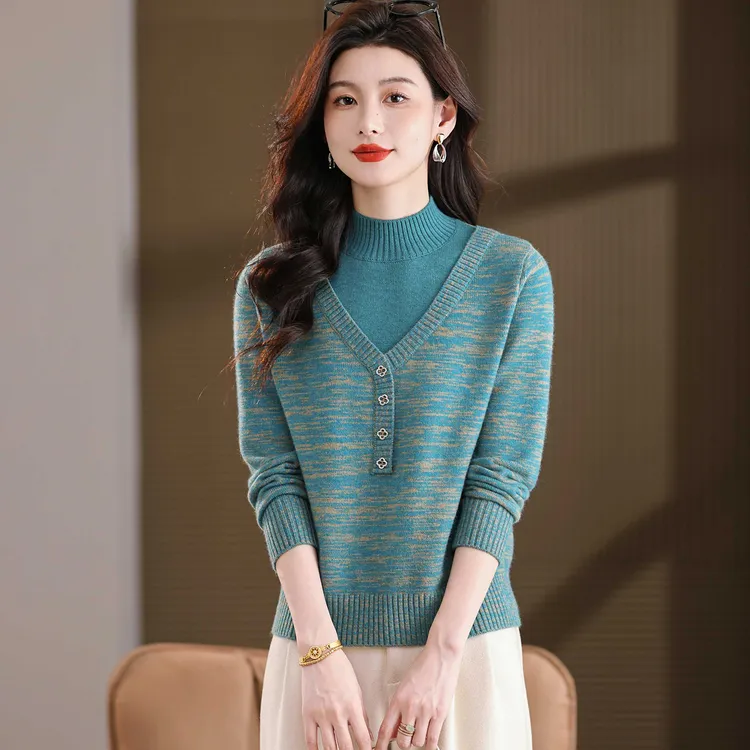 半高领针织衫女士2025新款秋冬季宽松显瘦毛衣打底衫假两件厚内搭