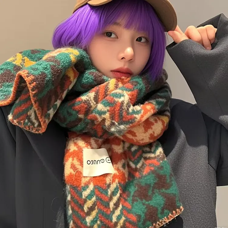 【西藏包邮】新款高级感丁香格子针织围巾女冬季厚实韩系氛围感围脖