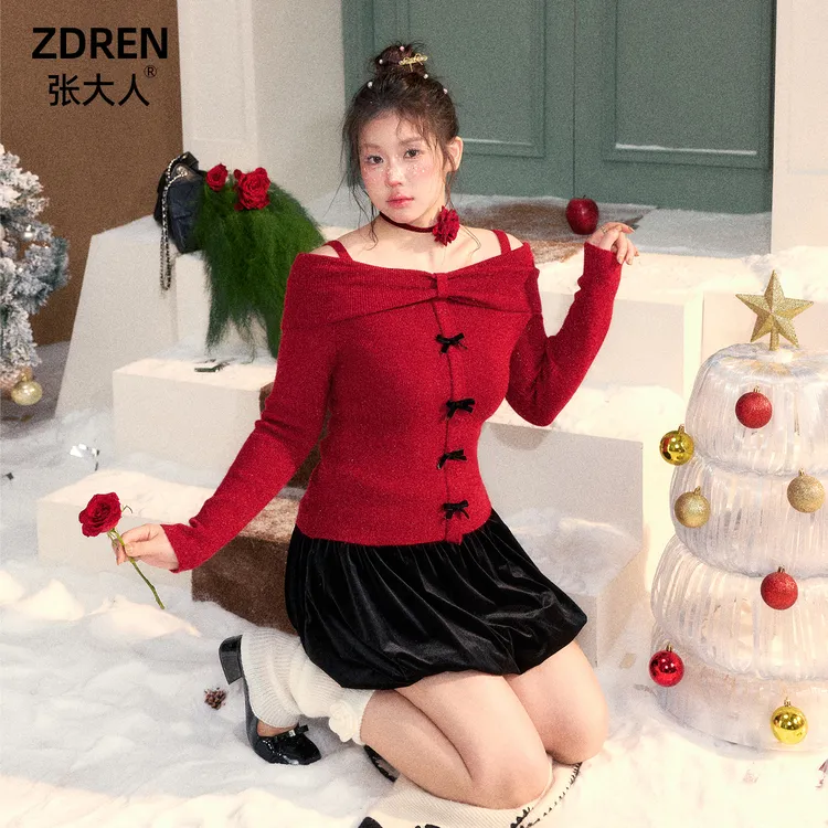 张大人【圣诞晚宴】大码女装微胖妹妹圣诞甜酷红黑搭露肩毛衣丝绒裙