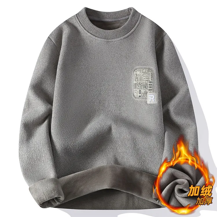 冬季款青少年学生针织一体绒字母刺绣圆领套头男士打底毛衣跑量热