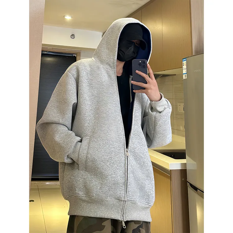 麻灰色开衫卫衣外套男秋冬加绒重磅加大帽子上衣服美式宽松情侣款