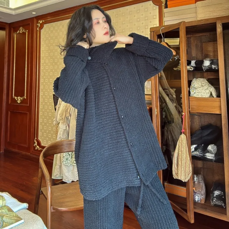 秋冬季睡衣套装女士半边绒极简保暖黑色不规则针织衫可外穿家居服