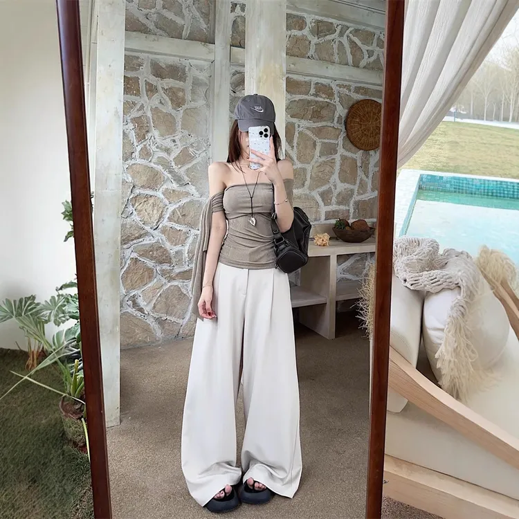 ~性感露背斜肩褶皱辣妹纯欲上衣+垂感拖地西装休闲裤套装女装