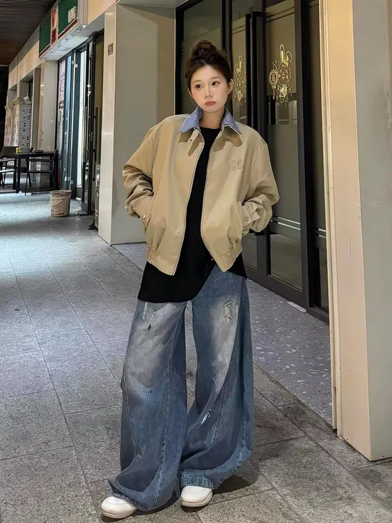 卡其色假两件外套女2025新款秋季设计感小众宽松男女款翻领夹克潮