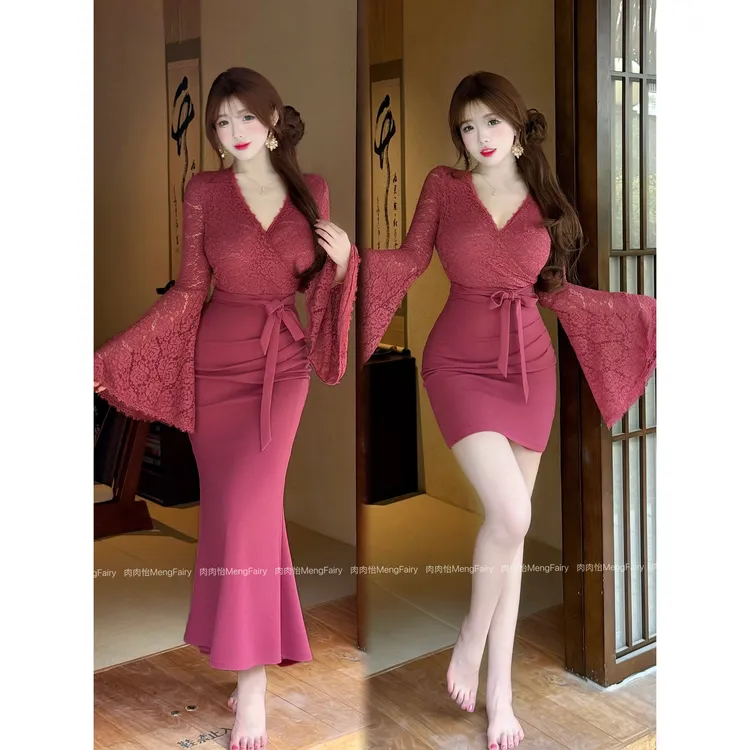 萌面侠肉肉怡【怀袖藏香】优雅钓系喇叭袖拼接连衣裙6487B 6473B