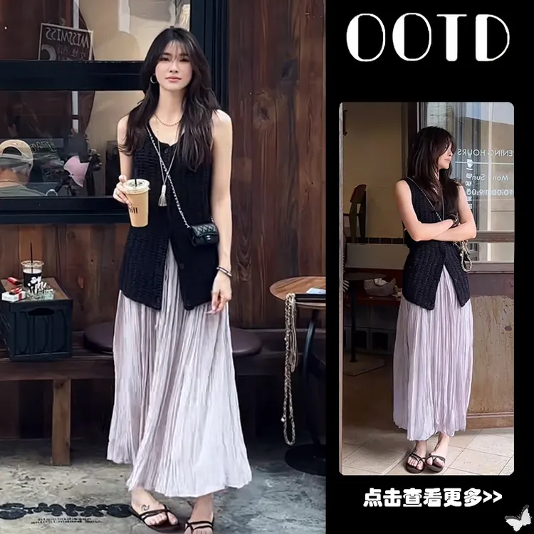 夏季流行穿搭一整套女2025新款韩版无袖镂空开衫高腰半身裙两件套