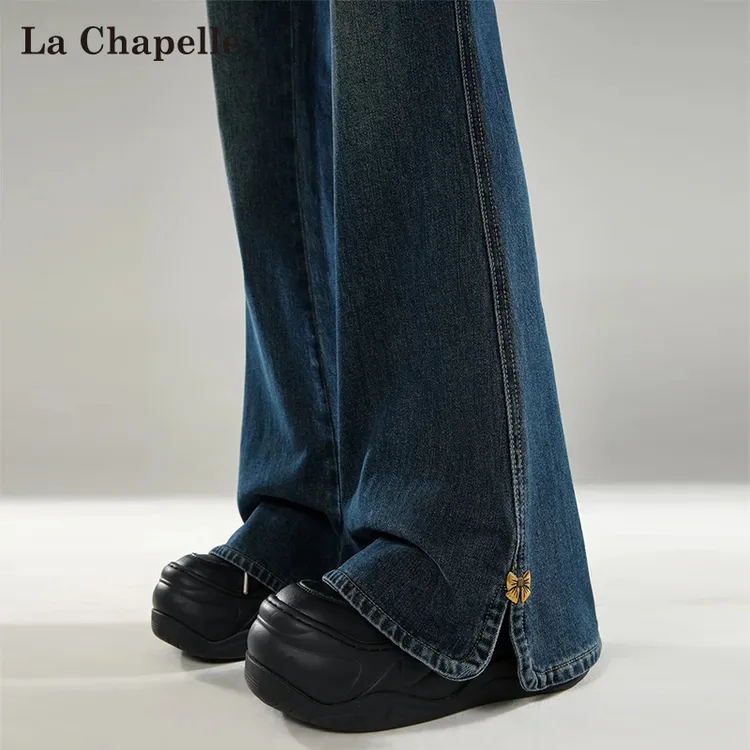 拉夏贝尔侧开叉微喇牛仔裤女秋冬加绒小个子复古高腰马蹄喇叭裤子