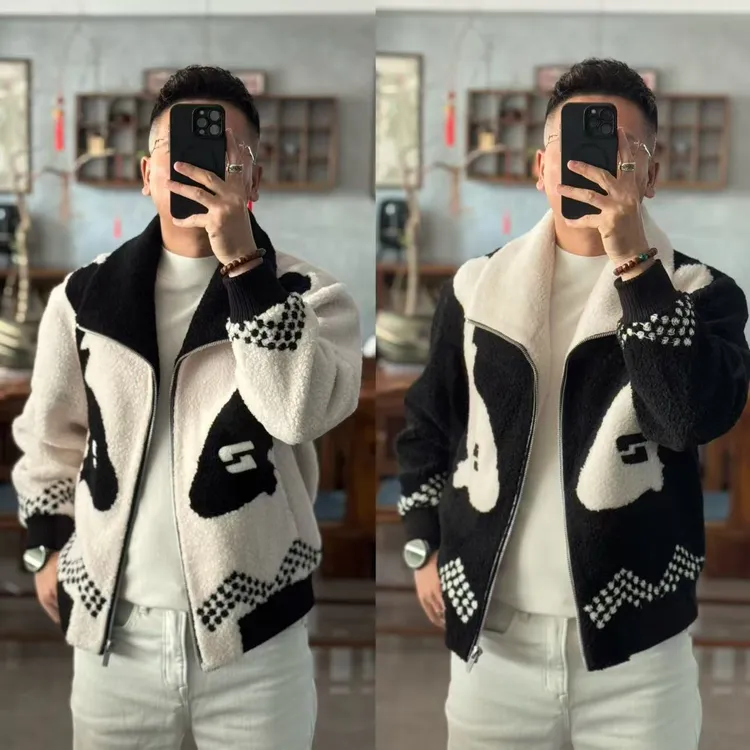 25130欧货冬季设计师款%100羊毛黑白撞色拼羊皮翻领男士外套
