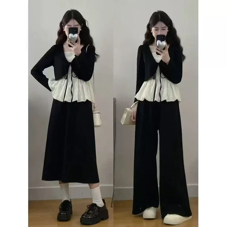 大码绝美漂亮小套装秋季女装蕾丝上衣开衫胖MM半身裙三件套