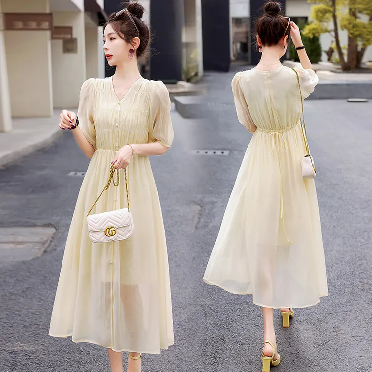 法式复古雪纺连衣裙女夏季时尚收腰显瘦气质遮肚温柔风仙女裙子