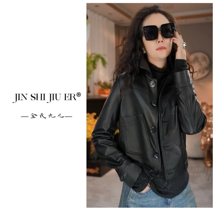 JIUER【皮衣女外套】时尚百搭皮夹克外套潮流真皮短款羊皮夹克-1513