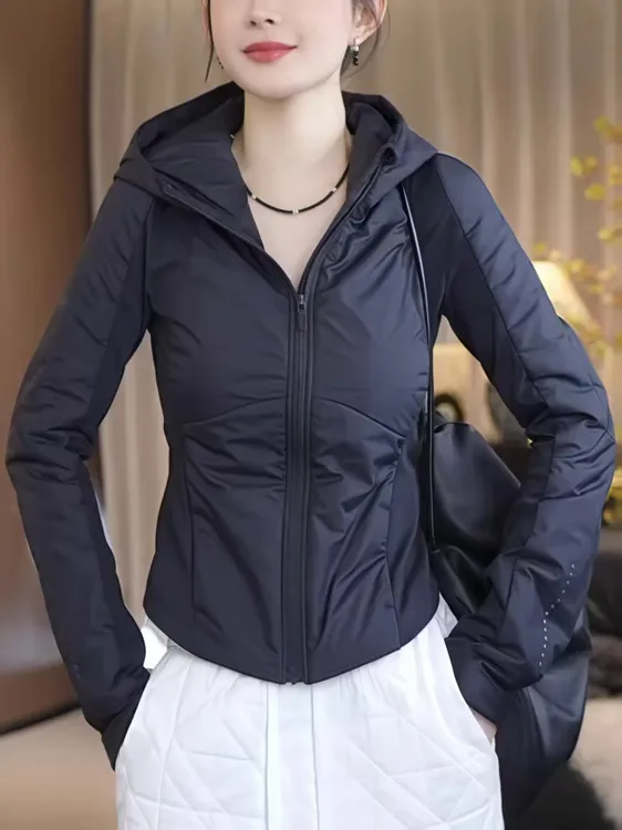 秋季纯色轻薄连帽短外套女2025新款时尚气质修身显瘦运动保暖上衣