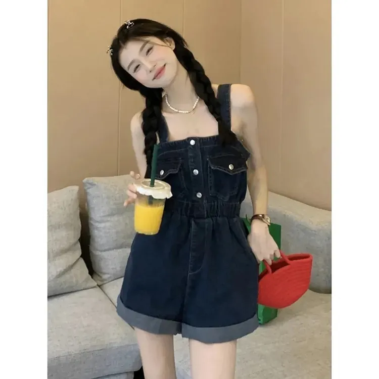 牛仔背带短裤女夏季2025新款复古工装设计感收腰显瘦卷边阔腿裤