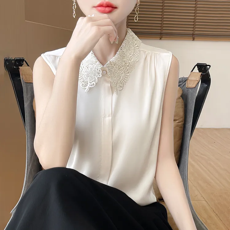 小众高级感蕾丝polo领无袖衬衫2025夏季新款上衣别致独特坎肩背心