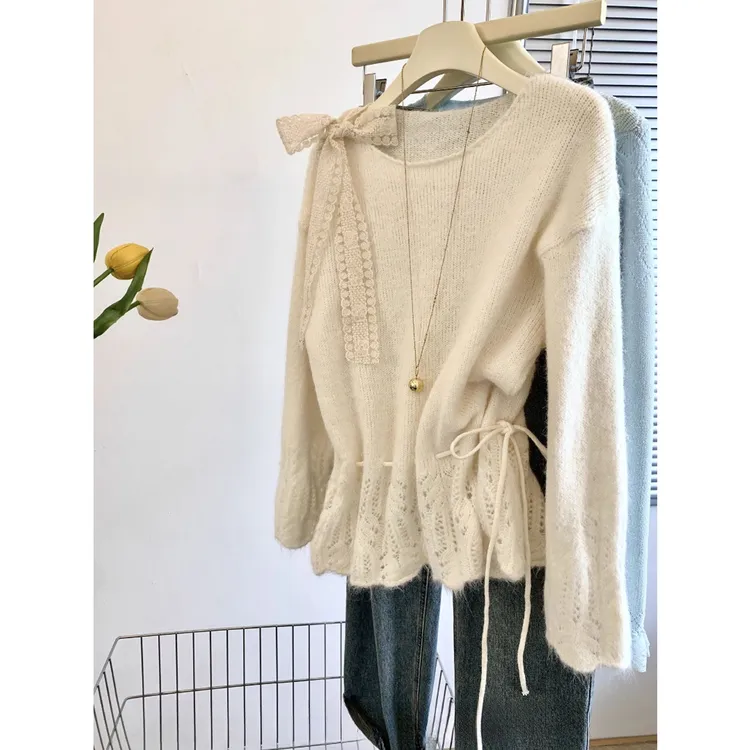 温柔风蕾丝蝴蝶结长袖针织衫女2025秋冬季新款慵懒高级感软糯上衣