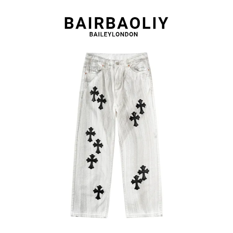 BAIRBAOLIY轻奢潮流美式十字架拼皮泼墨牛仔裤男宽松直筒脏脏裤潮