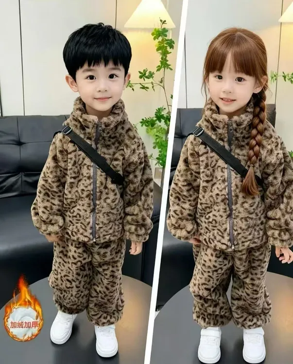【加绒豹纹套装】儿童加绒加厚保暖套装卡通风拉链保暖套装男童女童