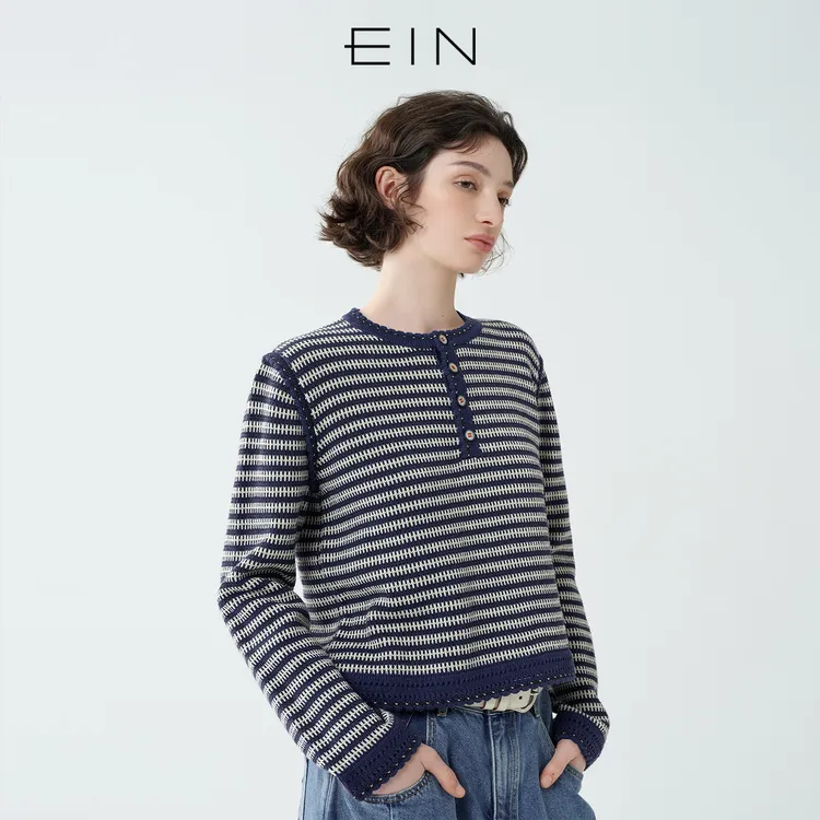 EIN/言复古撞色条纹圆领休闲文艺复古针织衫上衣女2025早秋新款