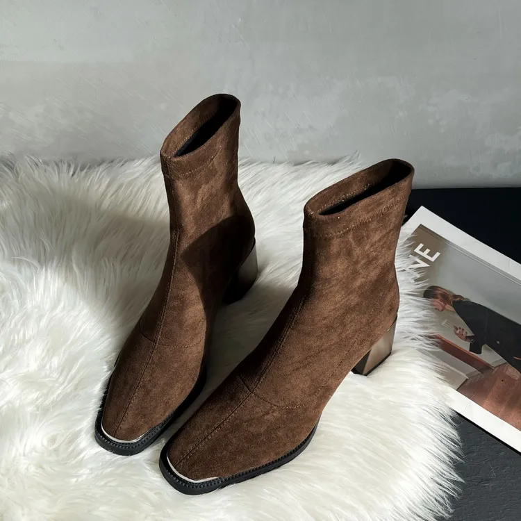 复古百搭方头粗跟短靴秋冬棕色中跟女靴高跟瘦瘦靴短筒弹力靴子