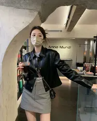 白荞一  2025秋季新PU定制银扣黑色皮衣女休闲短外套女