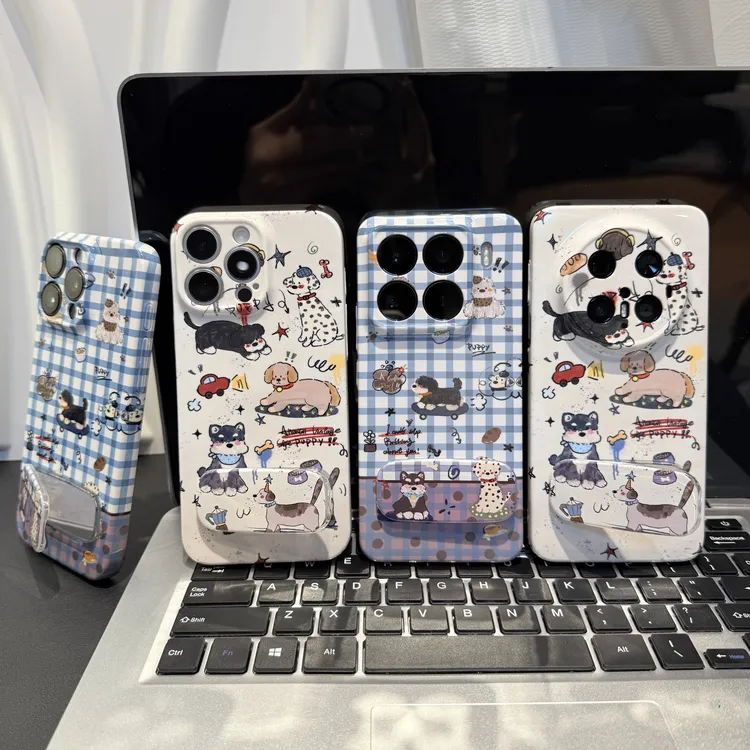 格纹斑点小狗支架适用苹果/华为/荣耀/OPPO/VIVO/小米手机壳防摔