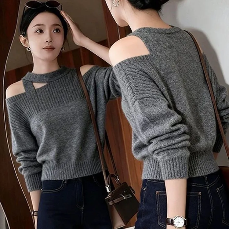 时髦洋气高级感灰色露肩针织打底衫女秋冬新款气质百搭显瘦上衣潮