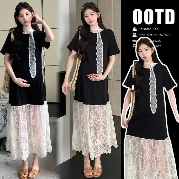 夏季孕妇装时尚蕾丝拼接宽松网红款孕妇连衣裙送丝带大码女装夏装