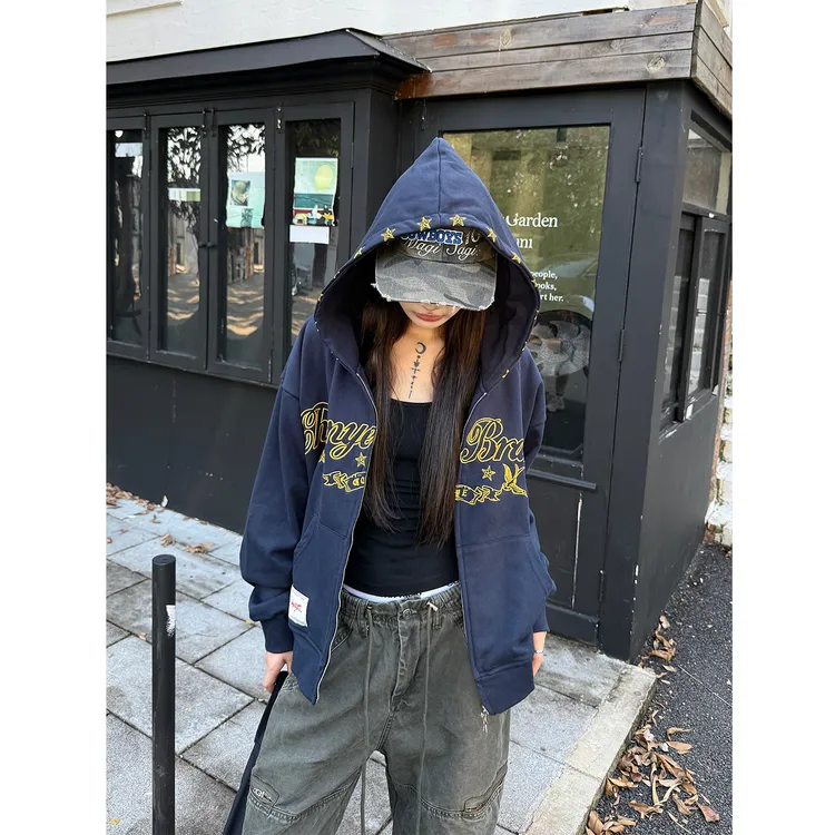 Don Cry 重磅星星刺绣连帽卫衣外套男女潮牌美式复古宽松开衫上衣