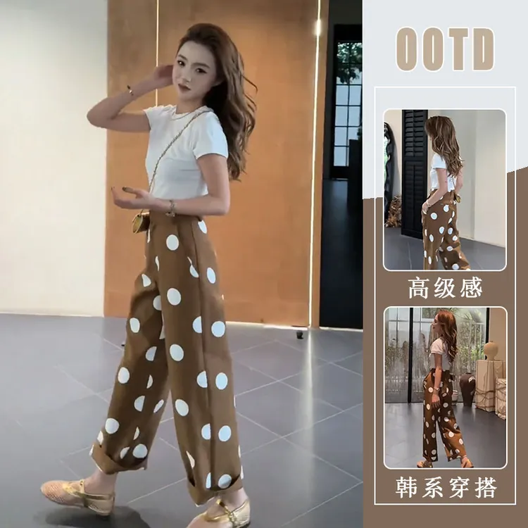 夏季减龄一整套穿搭套装女时尚洋气白色短袖T恤波点休闲裤两件套
