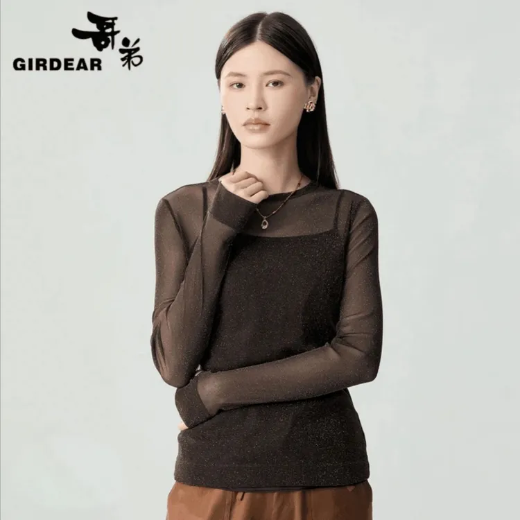 GIRDEAR/哥弟新款丝网面料网纱拼接长袖薄款小圆领修身T恤1300959