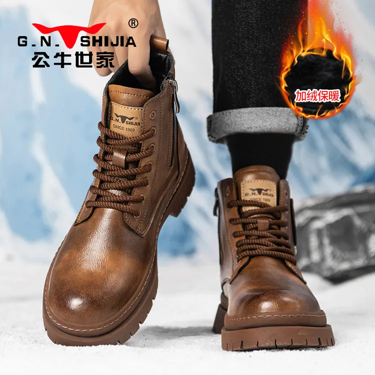 公牛世家2025年英伦风秋冬季高帮帮工装鞋厚底高帮马丁靴商品图