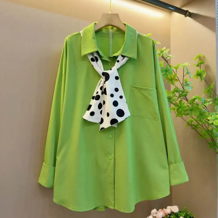 春季新款独特气质高级感丝巾衬衫纯色上衣（长73左右）