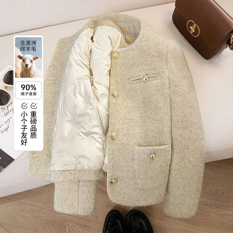 丝柏舍2025绵羊毛冬新女单排扣小香风圆领90绒羽绒外套S53B2431Y