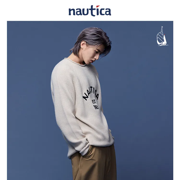 【蔡徐坤同款】nautica白帆 日系中性撞色logo宽松圆领毛衣SW5407