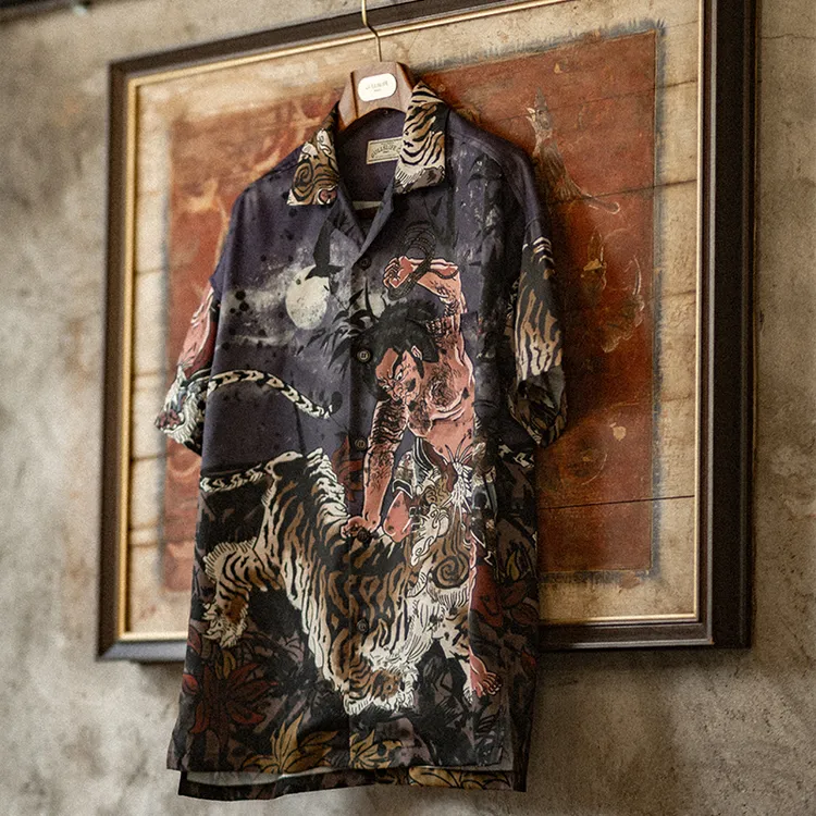 古叔的着【武松打虎】古巴领短袖衬衫男夏季休闲印花复古凉感衬衣