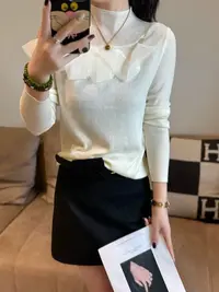 李园家1号店-8546-气质露肩网纱拼接设计感针织