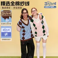 迪士尼联名史迪奇系列格纹毛衣背心秋冬宽松休闲全棉情侣亲肤毛衣
