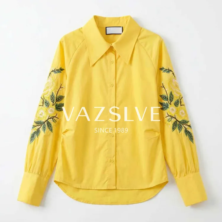 【VAZSLVE/全新奢品】捡漏翻领黄色衬衫女2025秋季洋气减龄刺绣上衣