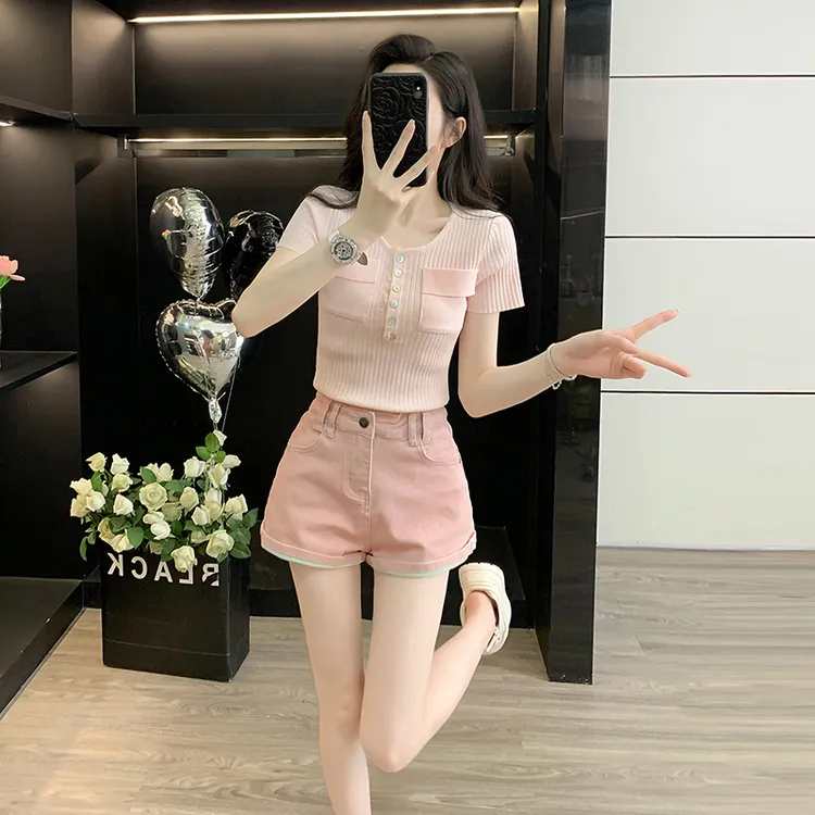 韩版夏季时尚套装女小个子针织衫短袖搭配显瘦牛仔短裤减龄两件套