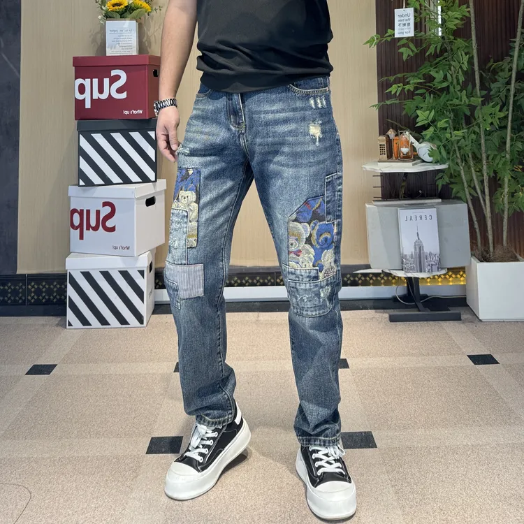 【微椎】美式街头痞帅宽松男士中高腰牛仔裤刺绣贴布锥形休闲长裤