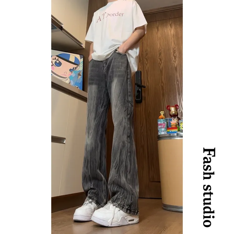 黑色闪电竹节纹牛仔裤男款提档版型裤子美式高街显腿长直筒微喇裤