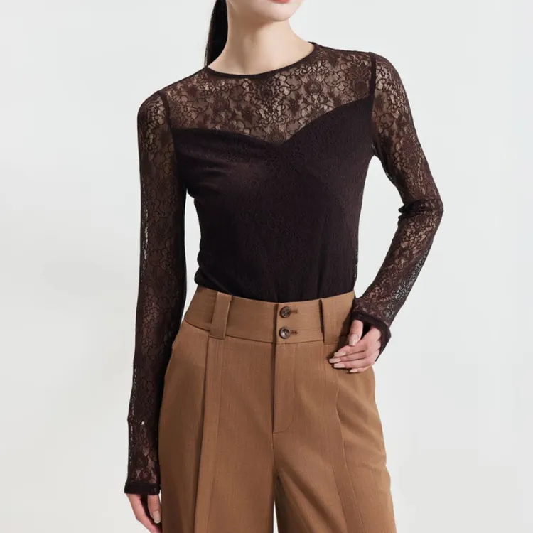 AMASS/阿玛施25新款蕾丝圆领长袖时尚镂空塑身百搭气质上衣530002