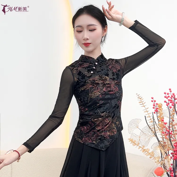 古典舞服女改良旗袍领国风拼接微透长袖练功服上衣现代舞服装秋季