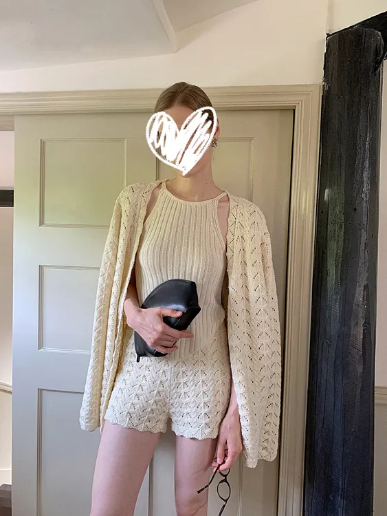 镂空针织休闲穿搭套装女装早秋三件套开衫背心短裤半身裙00098