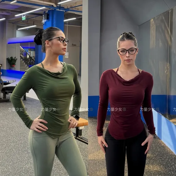 力量少女—假两件性感荡领带胸垫一体杯瑜伽服显瘦高级感健身上衣