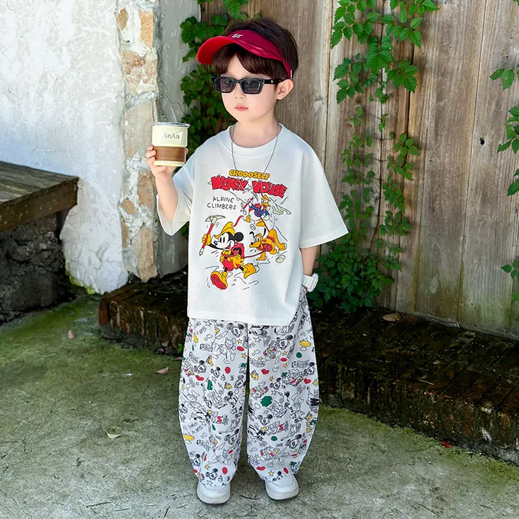 男童夏季2025夏季新卡通印花短袖宽松休闲风男薄款套装儿童时尚