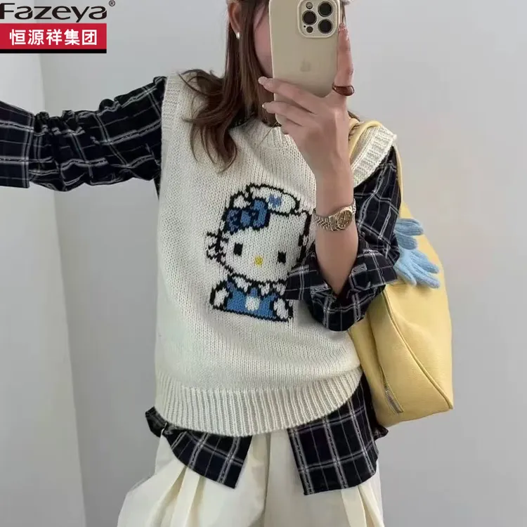 恒源祥集团彩羊凯蒂猫甜美针织马甲背心女外穿2025新款宽松坎肩